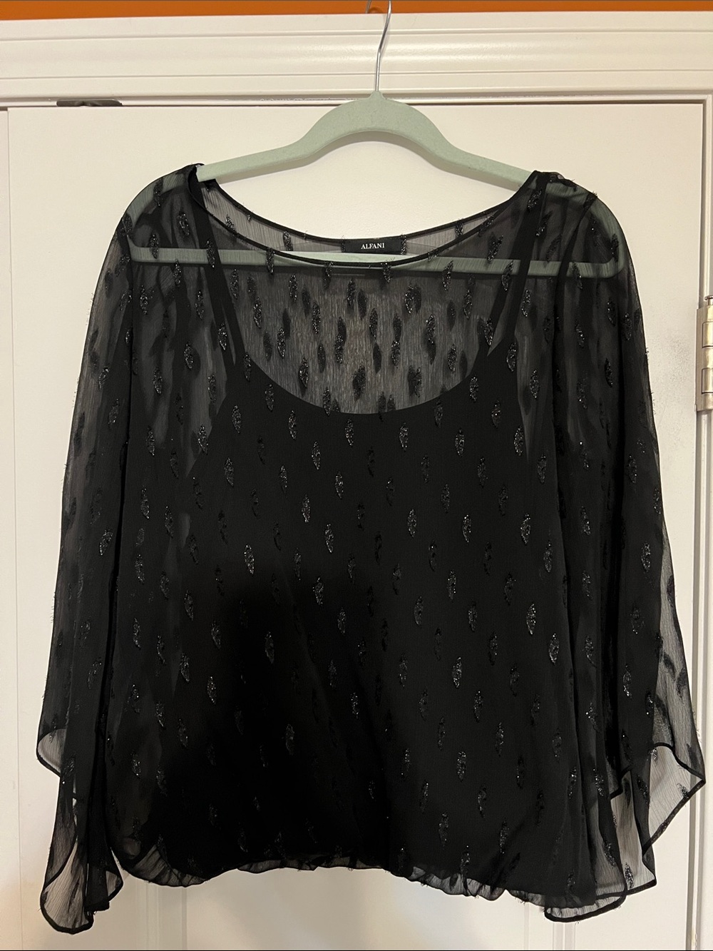 Alfani Black Sheer Overlay Blouse with Sparkle Accents